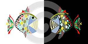 Two angry fish looking at each other on black white background for T-shirts design, tablewares , mugs and textiles