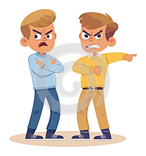 Two angry men pointing fingers and confronting each other. Cartoon characters in a dispute with aggressive gestures