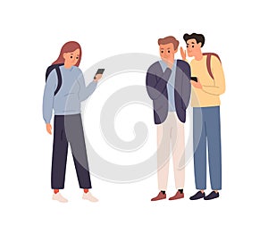 Two angry student guy spreading rumors and gossiping about girl classmate vector flat illustration. Female holding