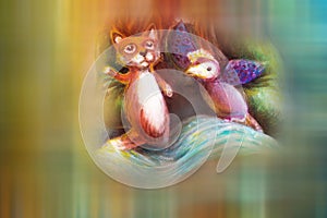 Two animal puppets, fox and violet bird, on abstract background with text space