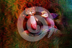 Two animal puppets, fox and violet bird, on abstract background with text space