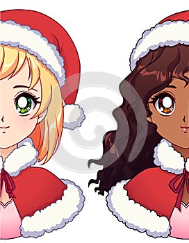 Two anime faces. Cute blondie and beautiful american african girls