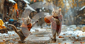 two anthropomorphic cats playing basketball in the streets