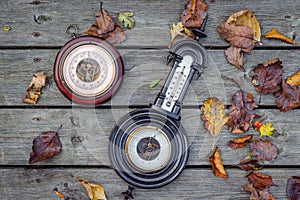 Two antique barometers on wood