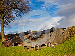 Two Antique Cannons in a Fortified Town