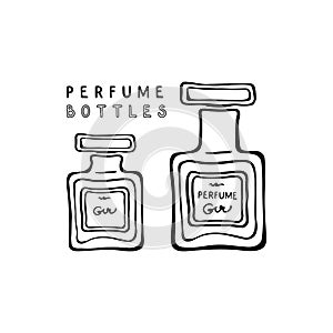 Two antique rectangular perfume bottles with glass cap. Black and white fashion sketches. Vector illustration