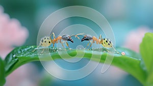 Two ants fighting on a leaf