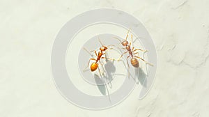 Two red ants on a light background, close-up macro detail