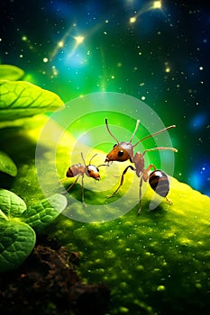 Two ants are standing on green leafy surface with bright green background. Generative AI