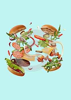 Two appetizing burgers with flying ingredients against turquoise background. Ham, beef cutlet, cheese, ketchup