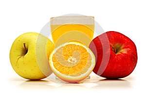 Two apples, juice and orange