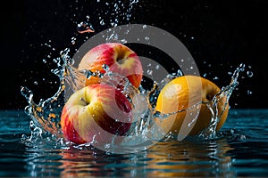 Two apples and an orange fall into the water with water splashes.