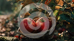 Two apples are sitting in a basket on a log