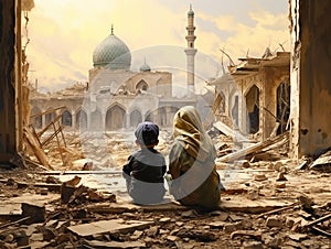 Two Arab children in dirty ragged clothes sit on the ruins of war-torn city against the backdrop of a collapsed mosque