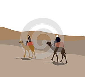 Two Arab man in traditional kandura riding camel with saddle backpack