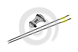 Two archery arrows with bright fletching and a black armguard on white back