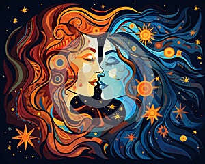 Two Archetypal Women Colorful Design Two women of different ages and the stars have the same color.
