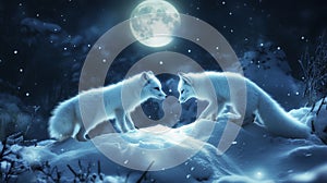 Two Arctic Foxes in a Snowy Night Landscape Under a Full Moon