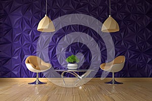 Two armchair and glass table with green plant on empty textured violet wall in living room interior