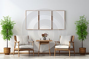 Two armchairs in room with white wall and big frame poster on it. AI Generated