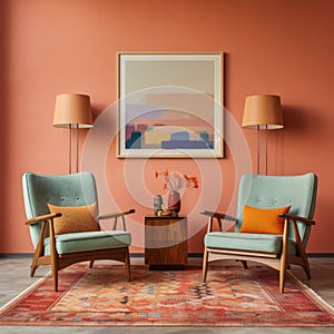 Two armchairs in room with white wall and big frame poster on it. Scandinavian style interior design of modern living room