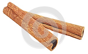 Two aromatic cinnamon sticks isolated on white background