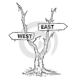 Two Arrow Sign Drawing of West or East on Dead Swamp Tree