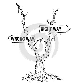 Two Arrow Sign Drawing of Wrong and Right Way on Dead Swamp Tree