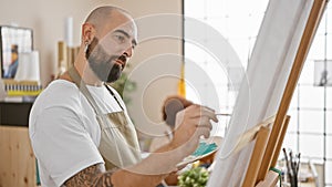 Two artists, a man and a woman, wear aprons in an indoor studio, concentrating on drawing together on an easel canvas