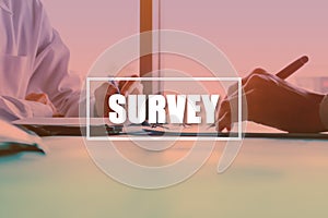 Two asian business man writing and checklist survey information