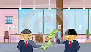 Two Asian Business Men Holding Dollar Banknotes Standing Over Office Background Salary Or Financial Success Profit