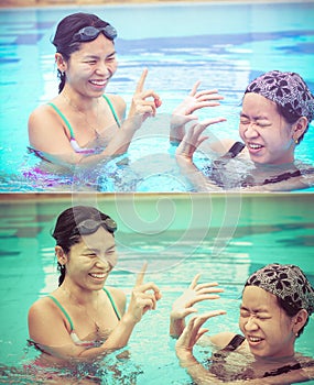 Two Asian girls are flicking water to one another in the swimming pool with happy expression in vintage color set