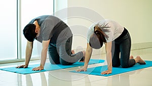 Two Asian young male and female adult standing for practice Yoga pose Cat or Marjariasana