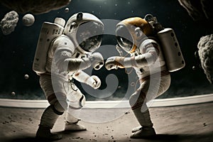 Two astronauts boxing outer space