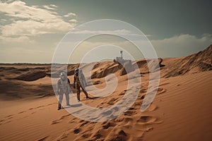 two astronauts exploring the red dunes of colonized mars