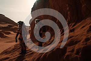 two astronauts exploring the red dunes of colonized mars