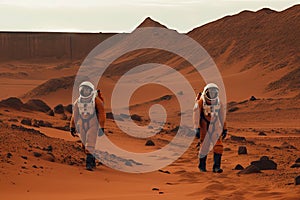 two astronauts exploring the red dunes of colonized mars