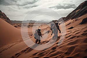 two astronauts exploring the red dunes of colonized mars