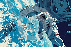 Two astronauts are floating beside each other in the vastness of space, Afitness training scene in space, with astronauts and