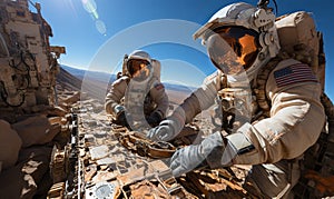 Two Men in Spacesuits on Rocky Surface photo