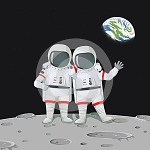 Two astronauts with hands on shoulders standing on the moon surface.