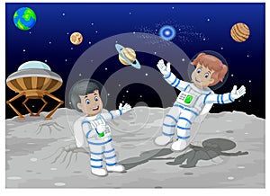 Two Astronauts Man On Moon With Rocker Outer Space Plane and Other Planets Cartoon
