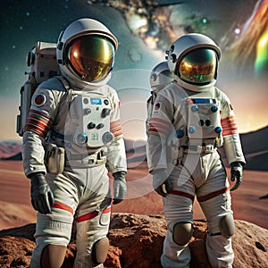 Two Astronauts on Mars Surface in High-Tech Spacesuits