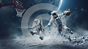 Two astronauts in a protective suit play basketball on an alien planet