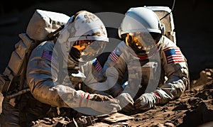 Two Astronauts in Space Suits Sitting on a Rock