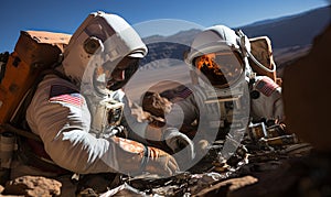 Two Astronauts in Space Suits Sitting on Rocks