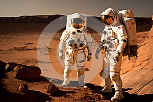 Two astronauts in space suits walking on a rocky surface of extraterrestrial planet and collecting samples