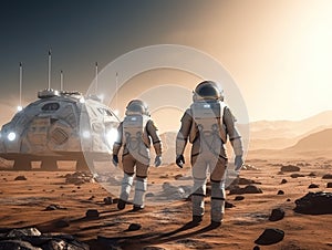 Two Astronauts in SpaceSuits exploring unknown planet