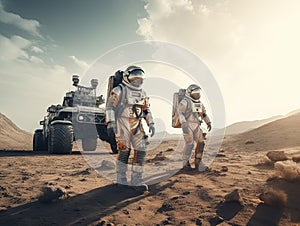 Two Astronauts in SpaceSuits exploring unknown planet