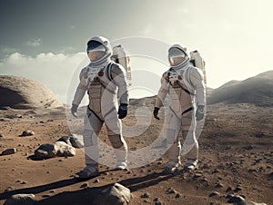Two Astronauts in SpaceSuits exploring unknown planet